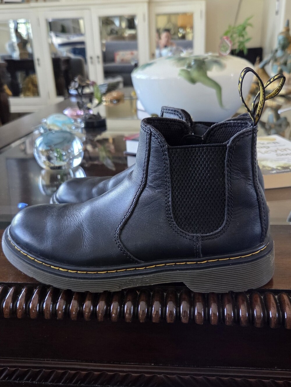 Dr. Martens Kids Black Chelsea Boots with Yellow Stitching Pull Tabs